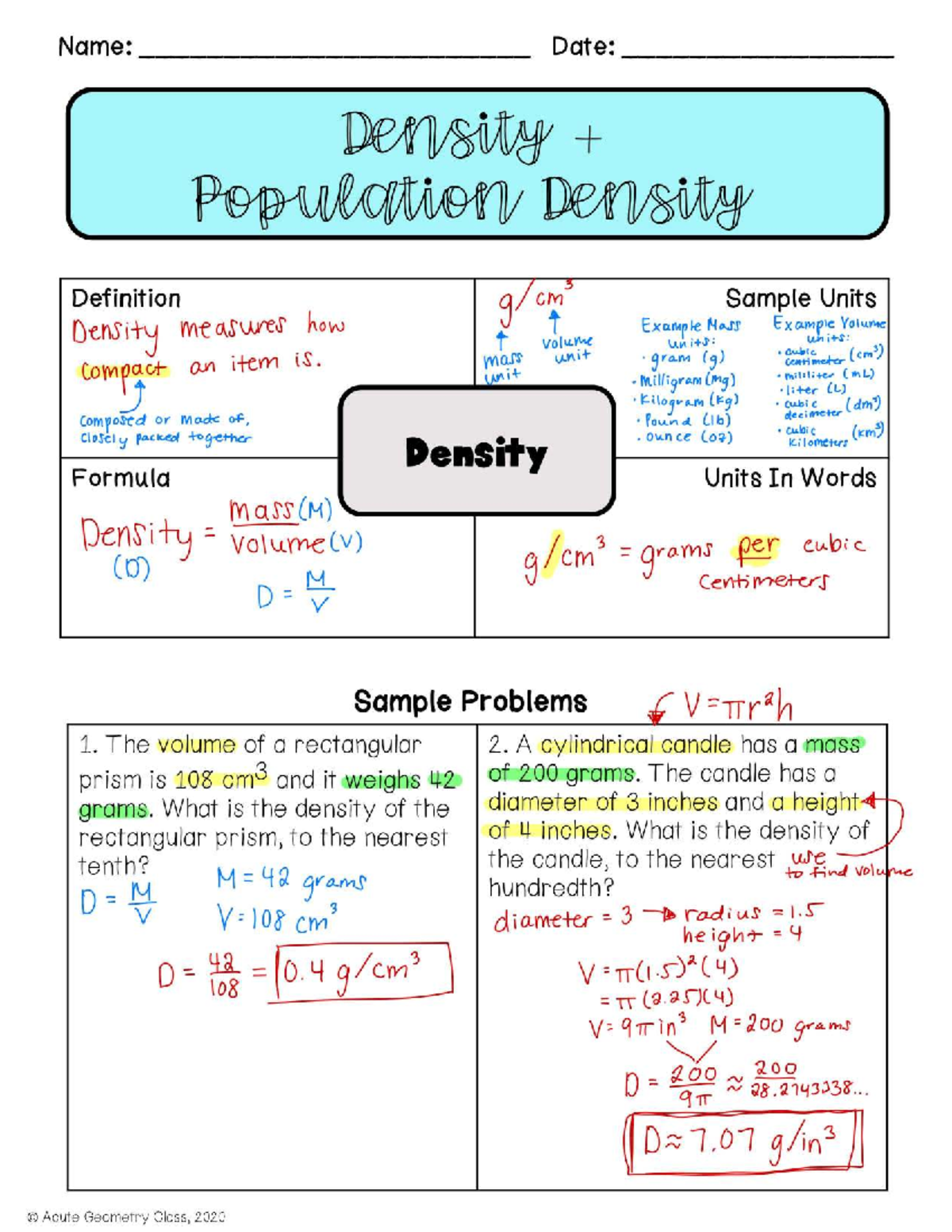Density and Population Density Completed Notes - Name: Date: Density ...