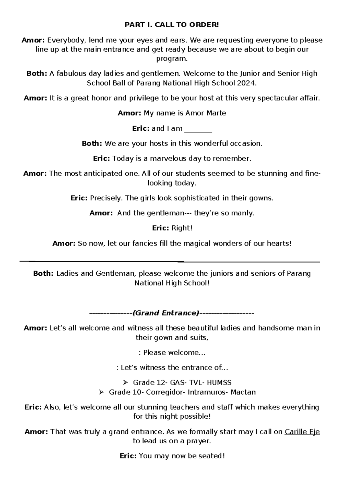 JHS & SHS Promenade Script - Parang National High School 2024 - Studocu