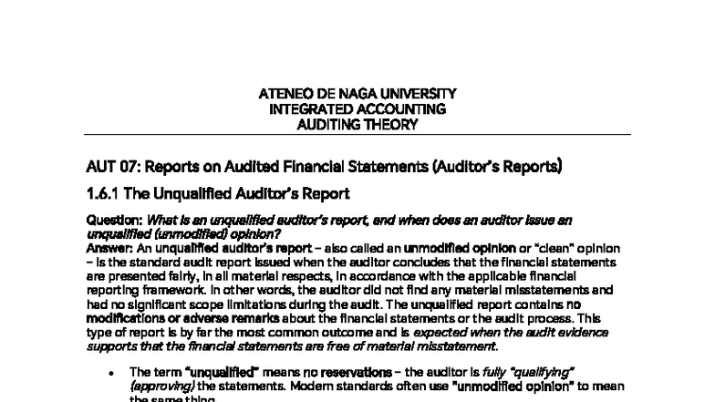 AUT 07 - Understanding Unqualified Audit Reports and Key Elements - Studocu