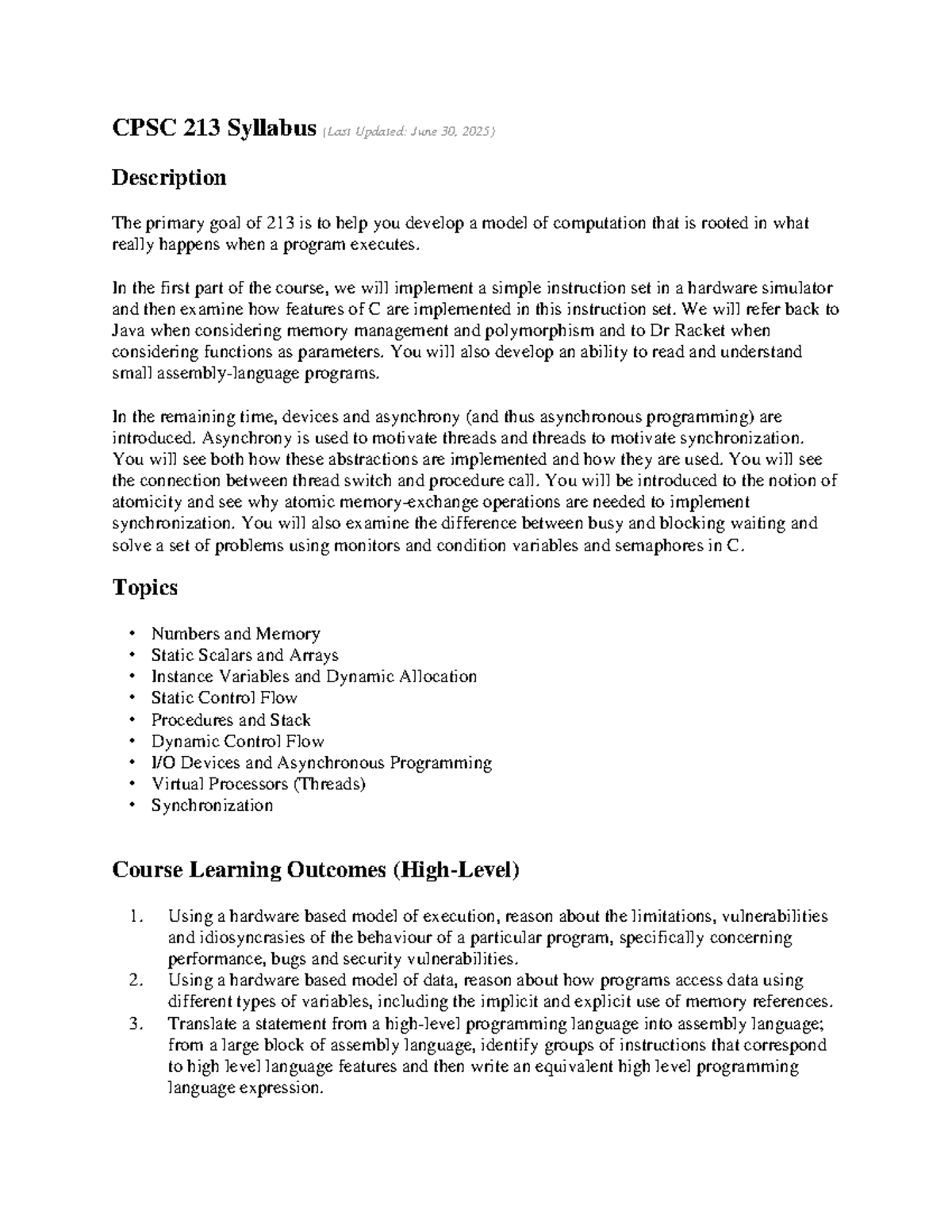 CPSC 213 Course Syllabus: Understanding Computation and Asynchrony ...
