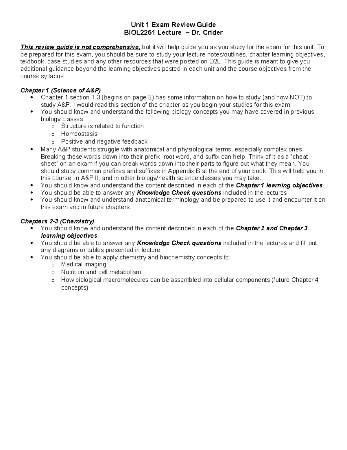 Unit 1 Exam Review Guide for BIOL2251 - A&P Lecture - Studocu