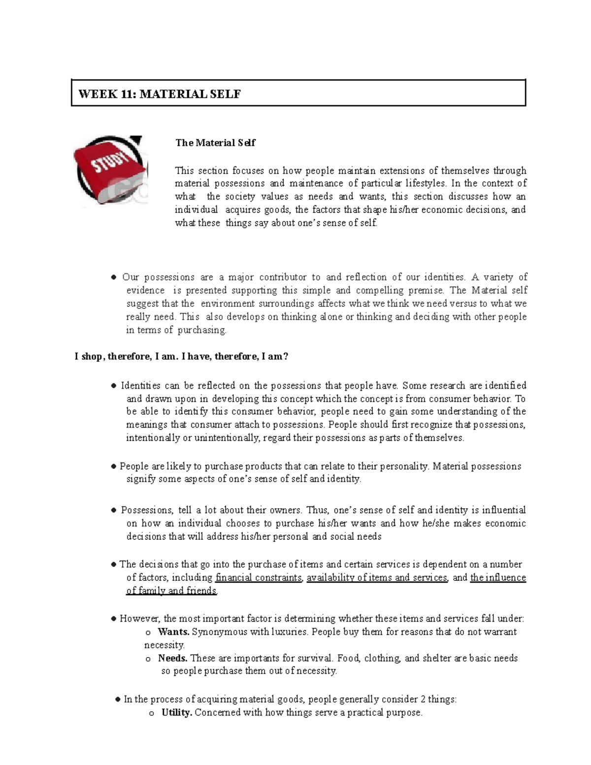 GED 101: Understanding the Material Self - Lessons 8-12 Summary - Studocu