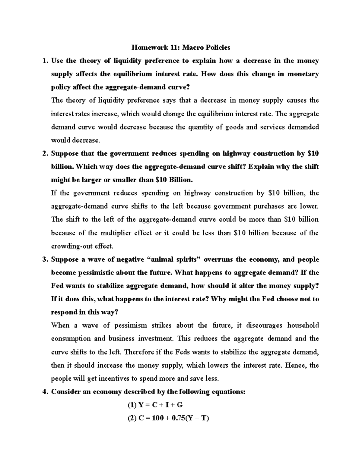 Macro Policies Homework 11: Impact of Monetary Changes on AD Curve ...