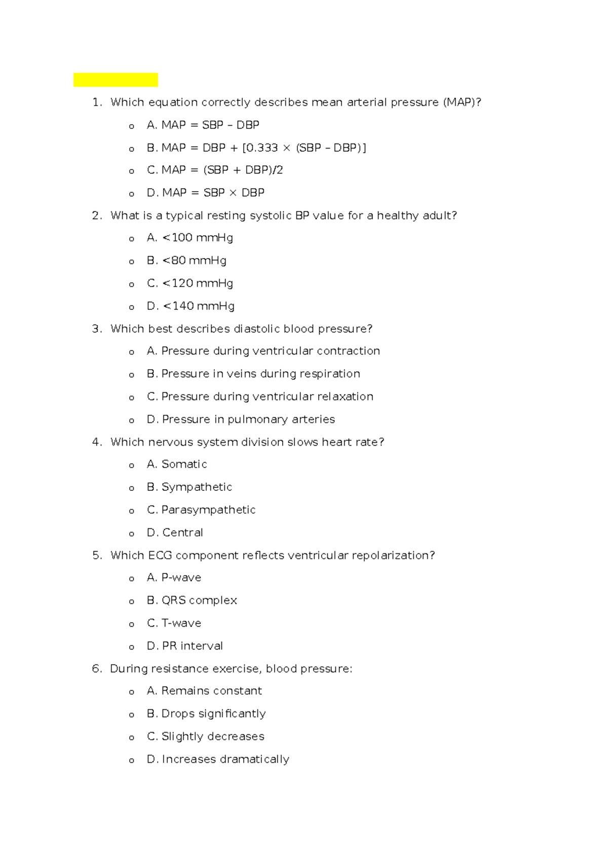 Week 1 Quiz: Understanding Blood Pressure, Heart Rate, and Exercise ...