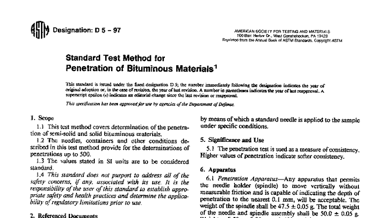 Standard Test Method for Penetration of Bituminous Materials (D 5 - 97 ...