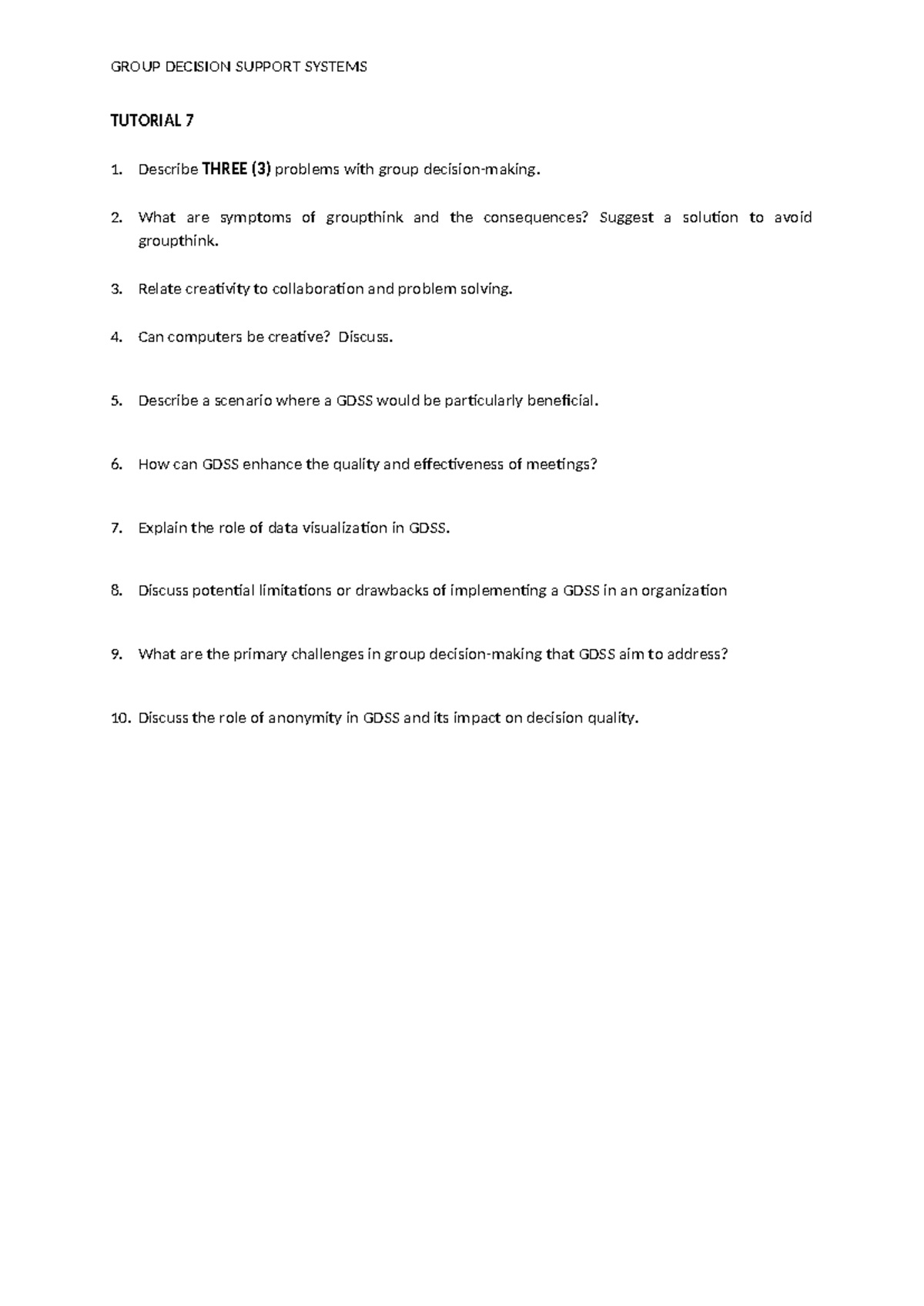 GROUP DECISION SUPPORT SYSTEMS TUTORIAL 7: Key Concepts & Challenges ...