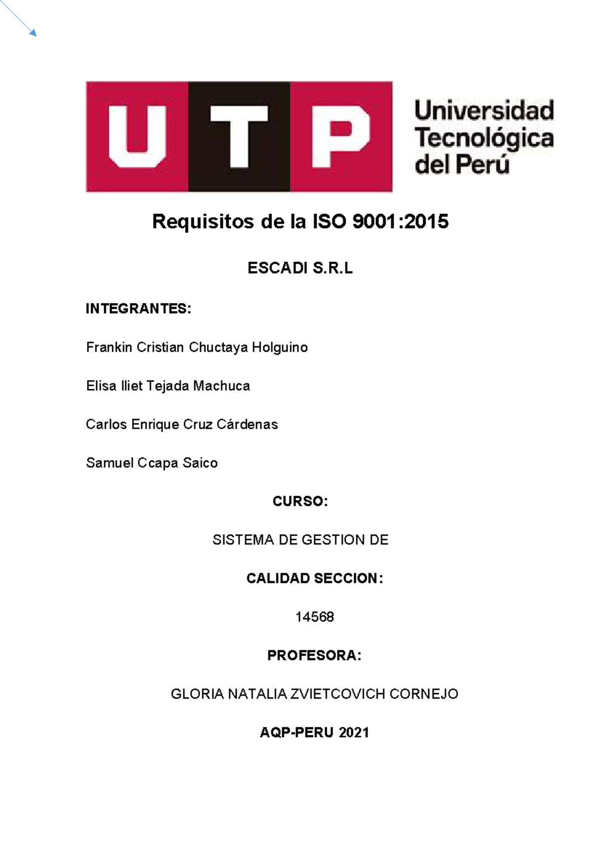 Requisitos del SGC ISO 9001:2015 para ESCADI S.R.L. - Curso 14568 - Studocu
