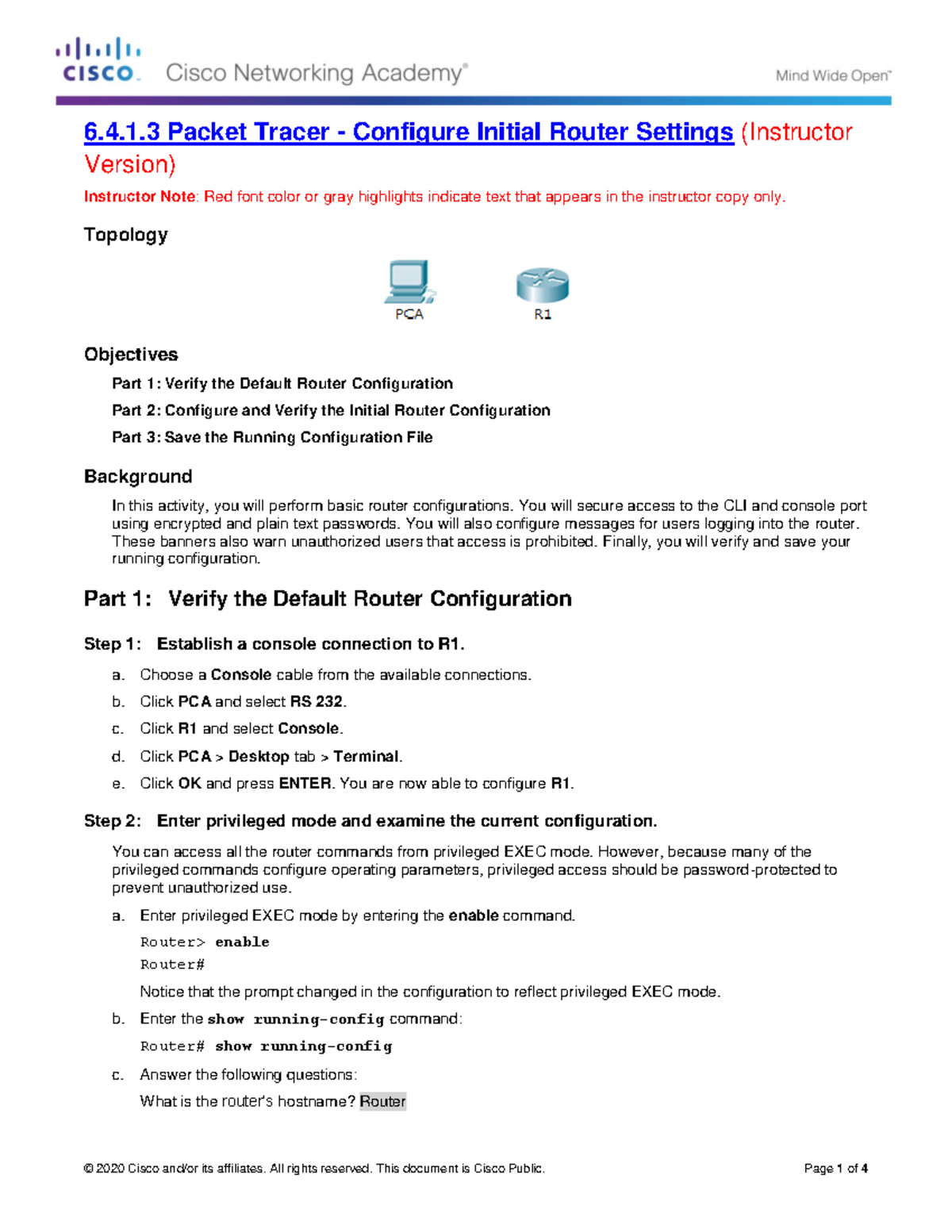 6.4.1.3 Packet Tracer - Configure Initial Router Settings - ITExam ...