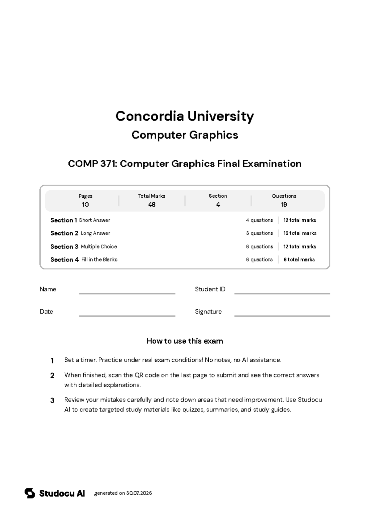 COMP 371: Computer Graphics Final Exam - Studocu