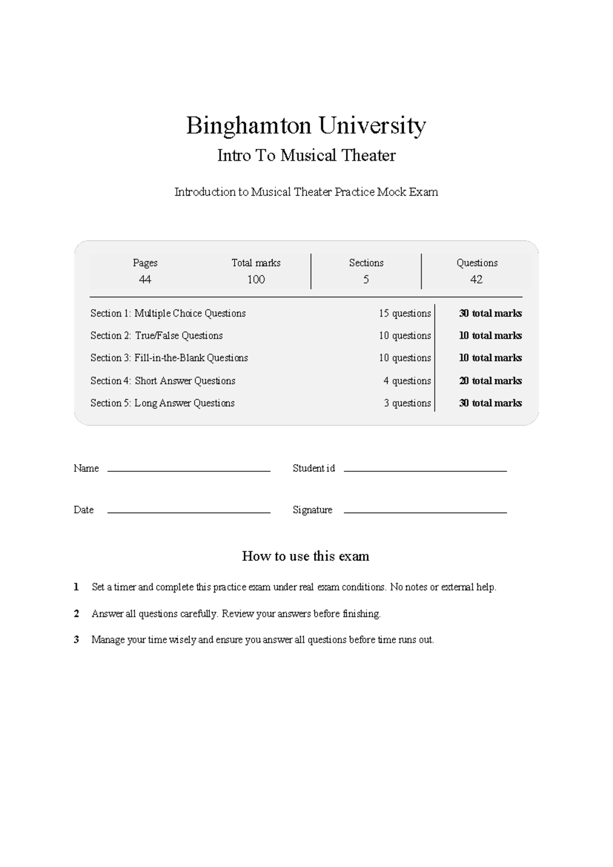 THEA 101 Intro to Musical Theater BU Practice Mock Exam 2026 - Studocu