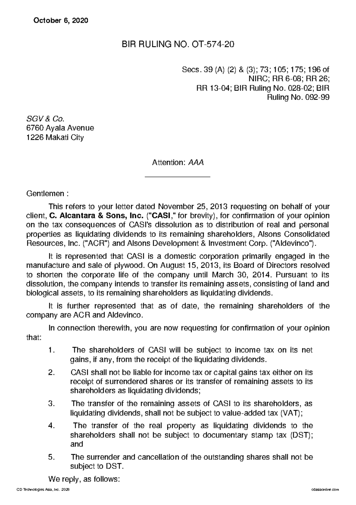 BIR Ruling No. 6760: Tax Implications of CASI's Liquidation Process ...