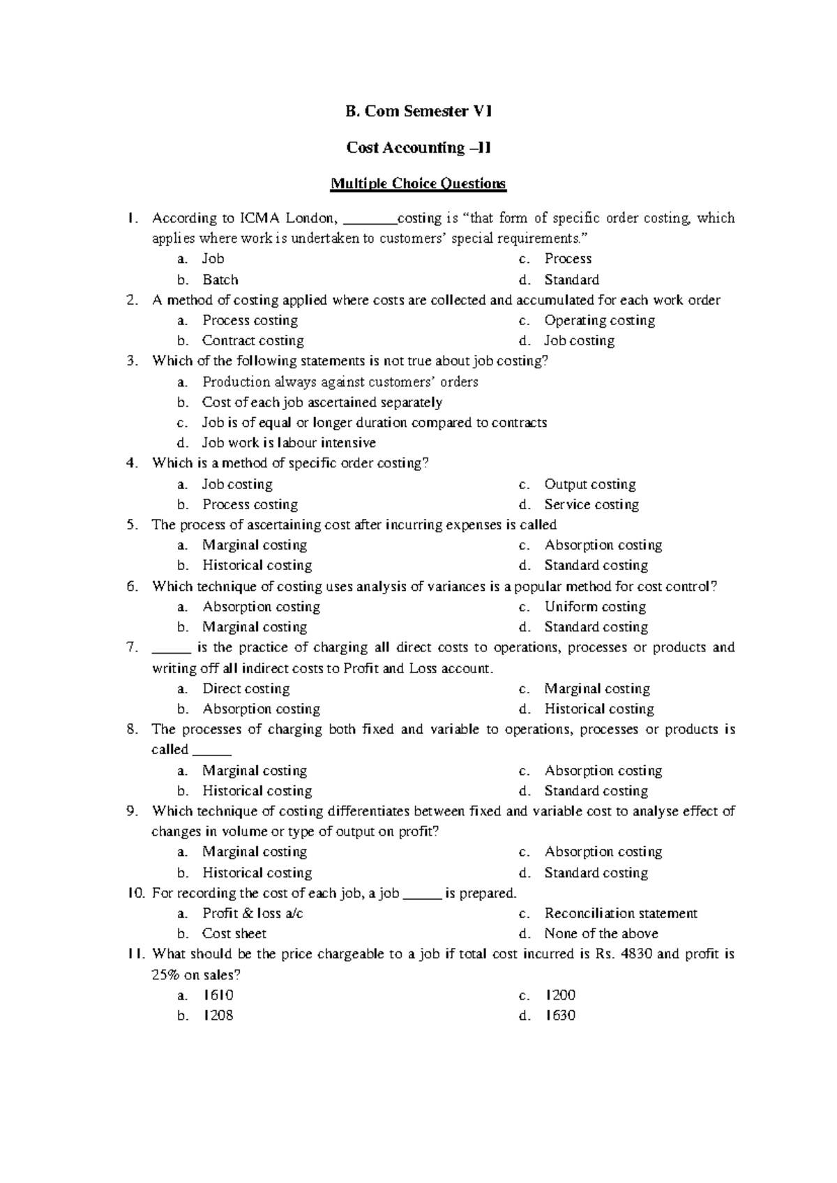 Cost Accounting II B Com Sem 6: MCQ Study Guide - Studocu