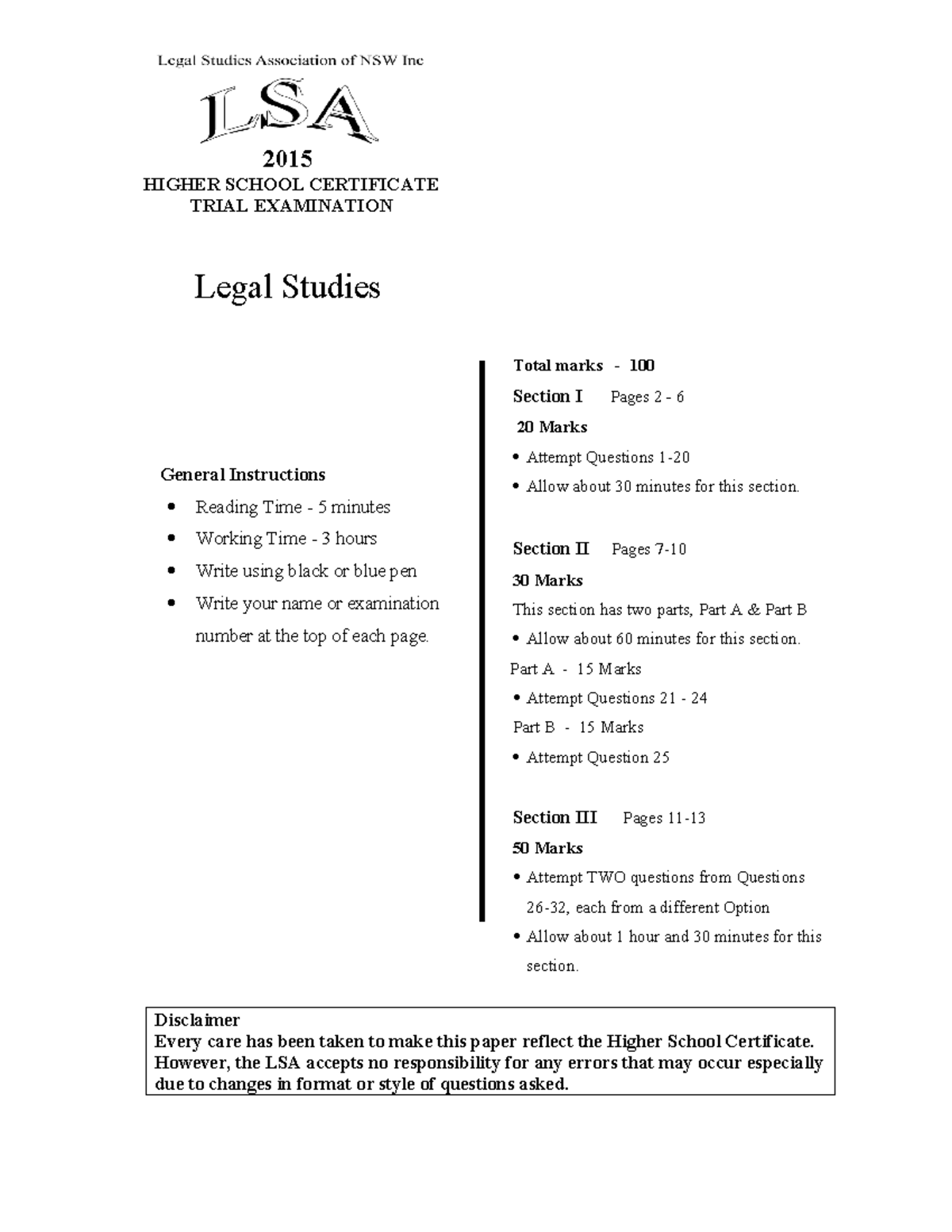 2015 HSC Trial Exam: Legal Studies Overview and Questions - Studocu