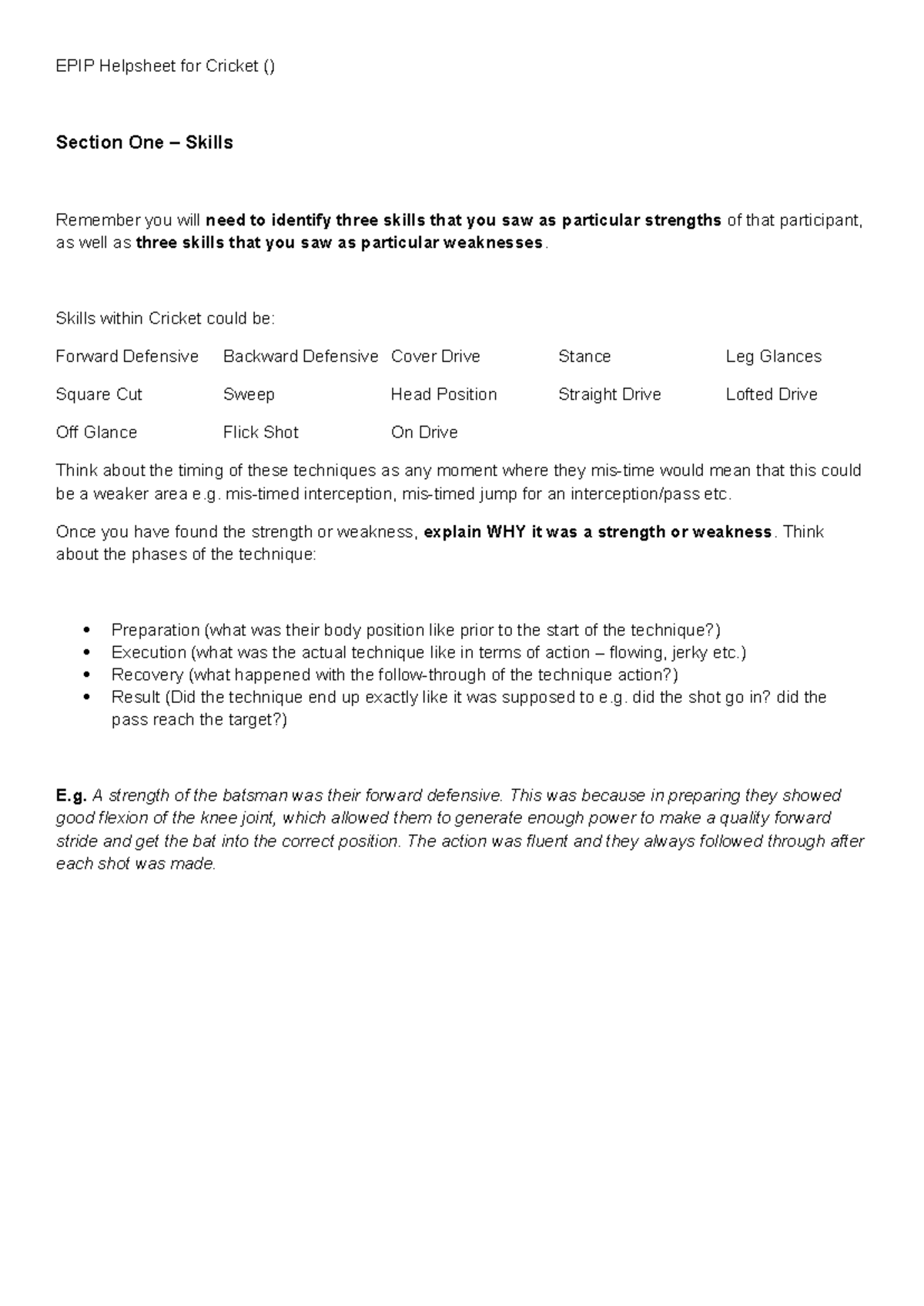 Epip helpsheet for cricket - EPIP Helpsheet for Cricket () Section One ...