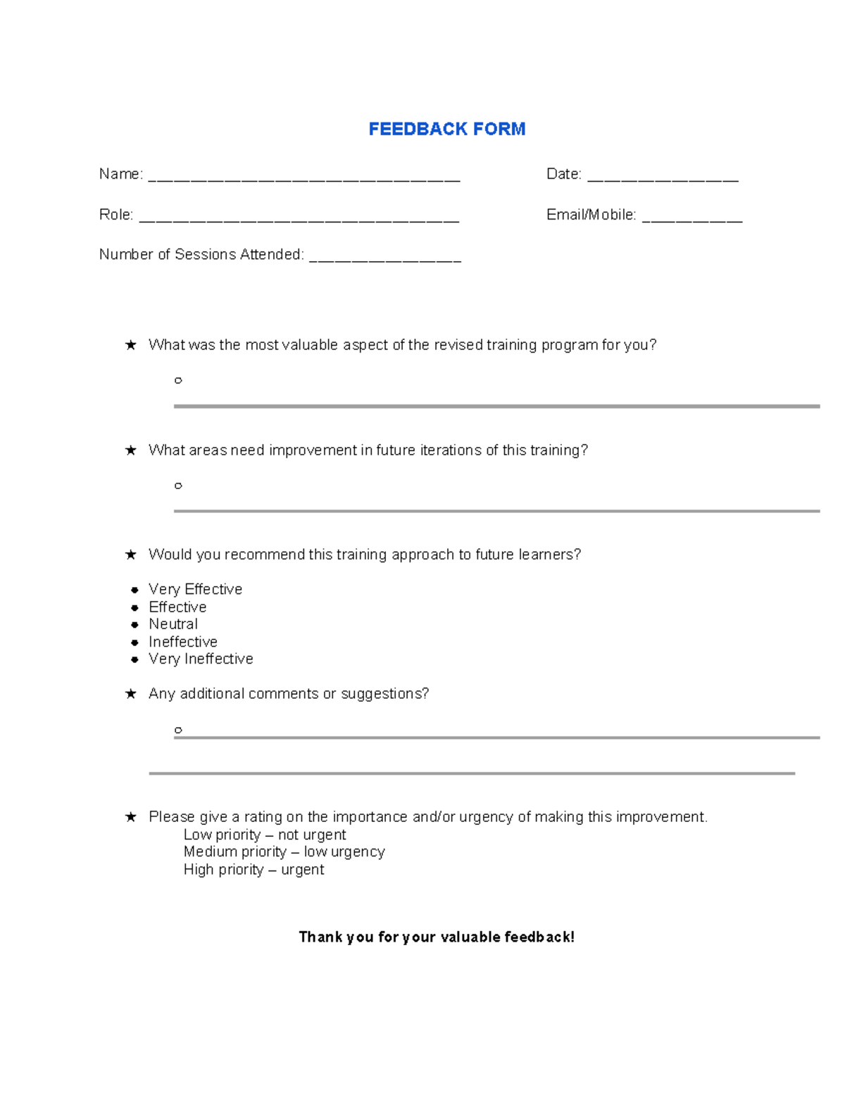 Feedback Form for Training Program Evaluation - No Answers - Studocu