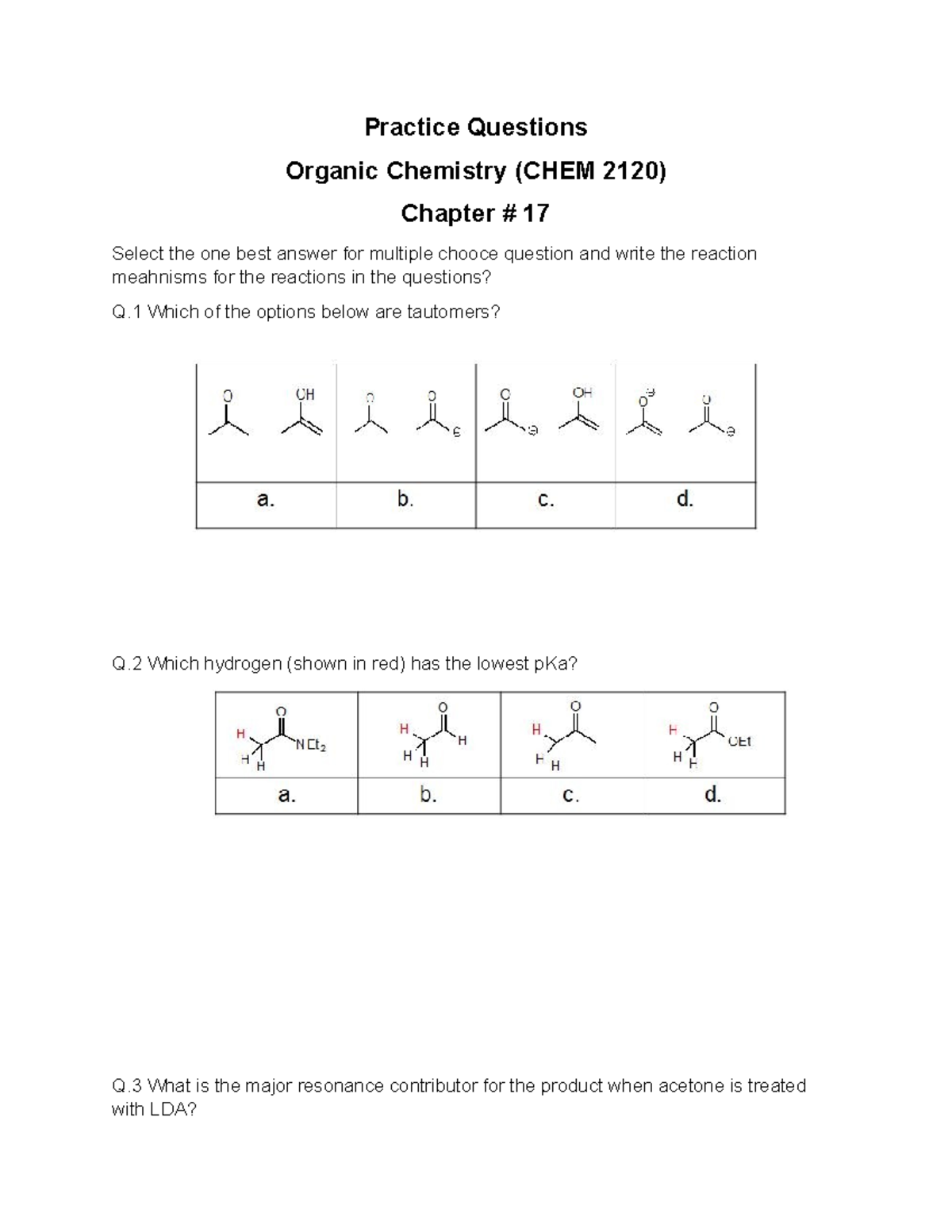 Chapter 17 Practice Questions for Organic Chemistry (CHEM 2120) - Studocu