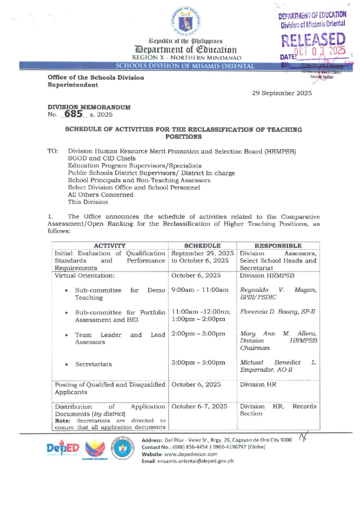 DM 685 S. 2025: Schedule of Activities for Teaching Position ...