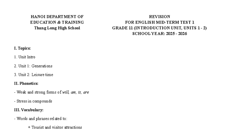 Grade 11 English Midterm Test 1 Revision Guide (2025-2026) - Studocu