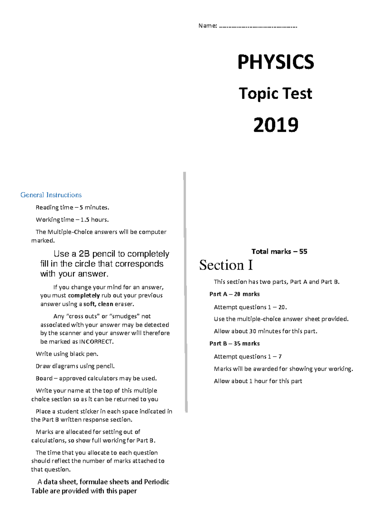 2019 PHY Task 2 Topic Test: Multiple-Choice & Written Responses - Studocu