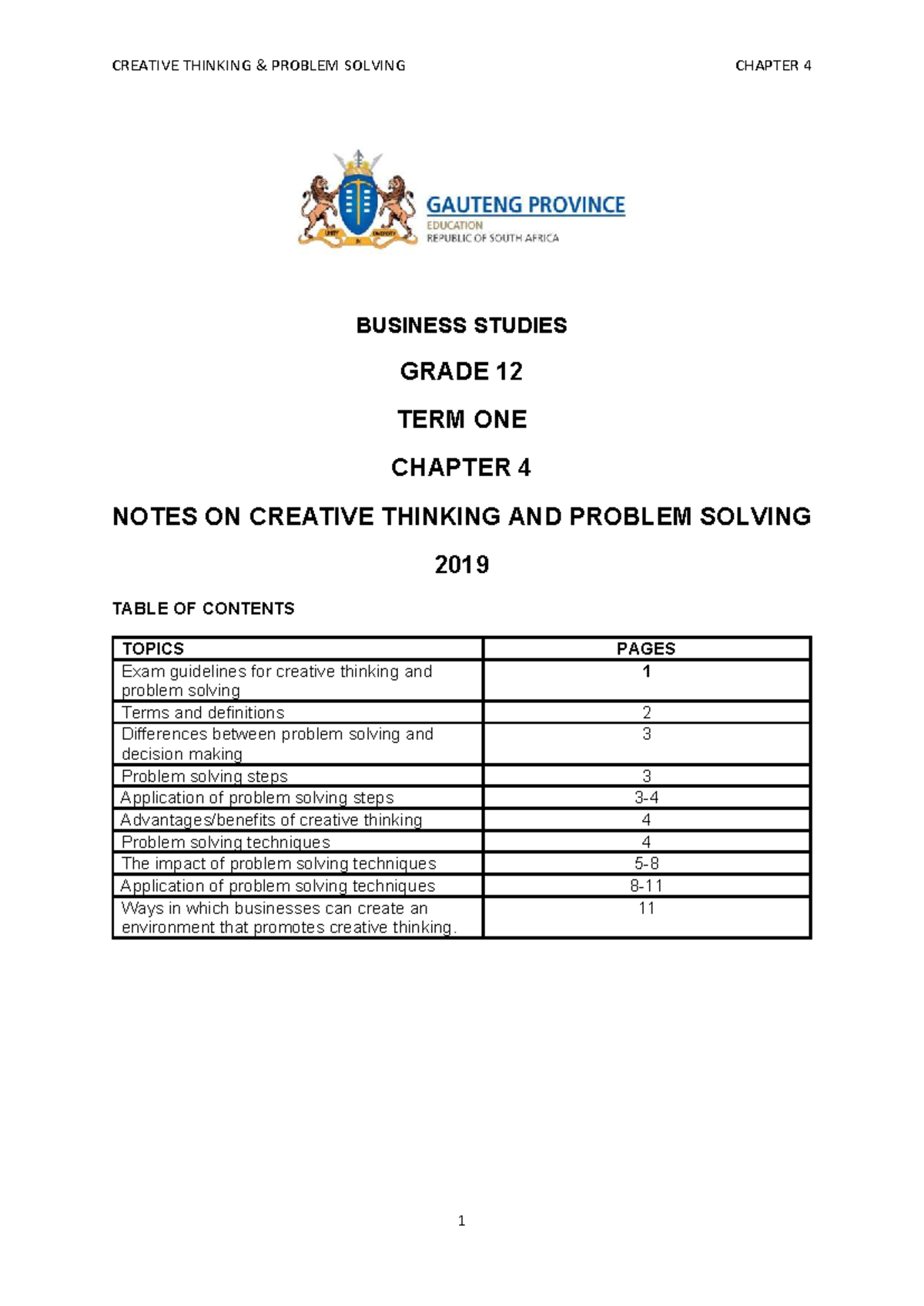 BUSINESS STUDIES GRADE 12 TERM 1 CHAPTER 4 NOTES ON CREATIVE THINKING ...
