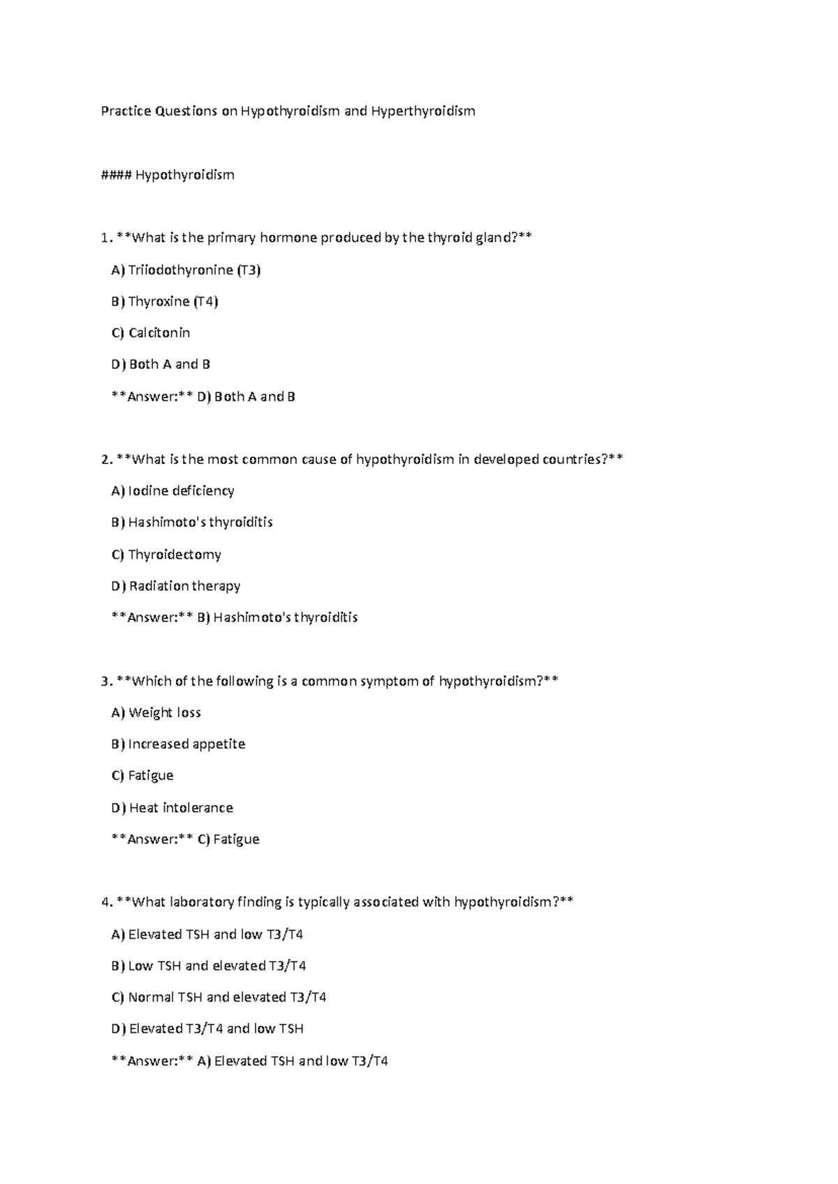 Practice Questions for Hypothyroidism & Hyperthyroidism (MED 101) - Studocu
