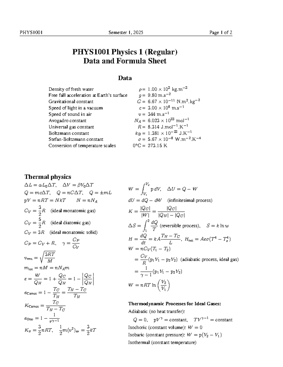 PHYS1001 2025S1 Physics 1 Formula and Data Sheet - Studocu
