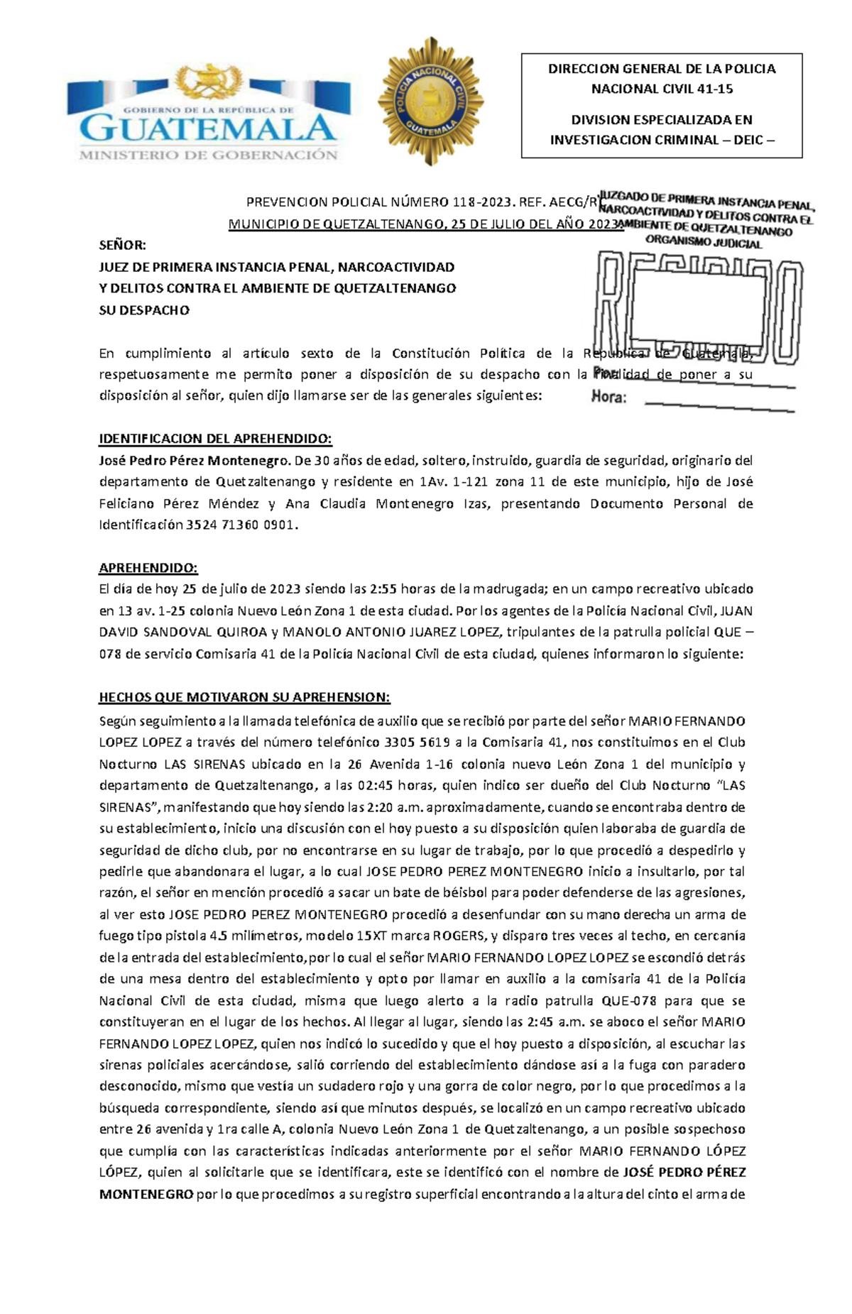 Prevención Policial de Aprehensión en Quetzaltenango - Ref. 118-2023 - Document Preview