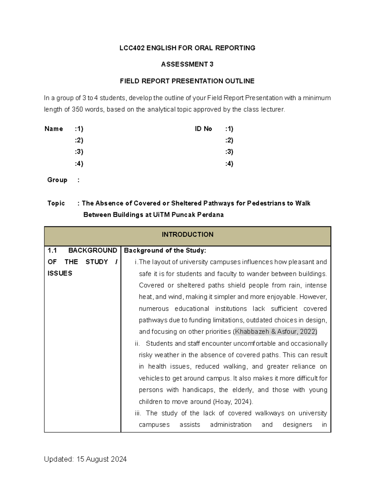 LCC402 Field Report Presentation Outline: Covered Pathways Issues - Studocu