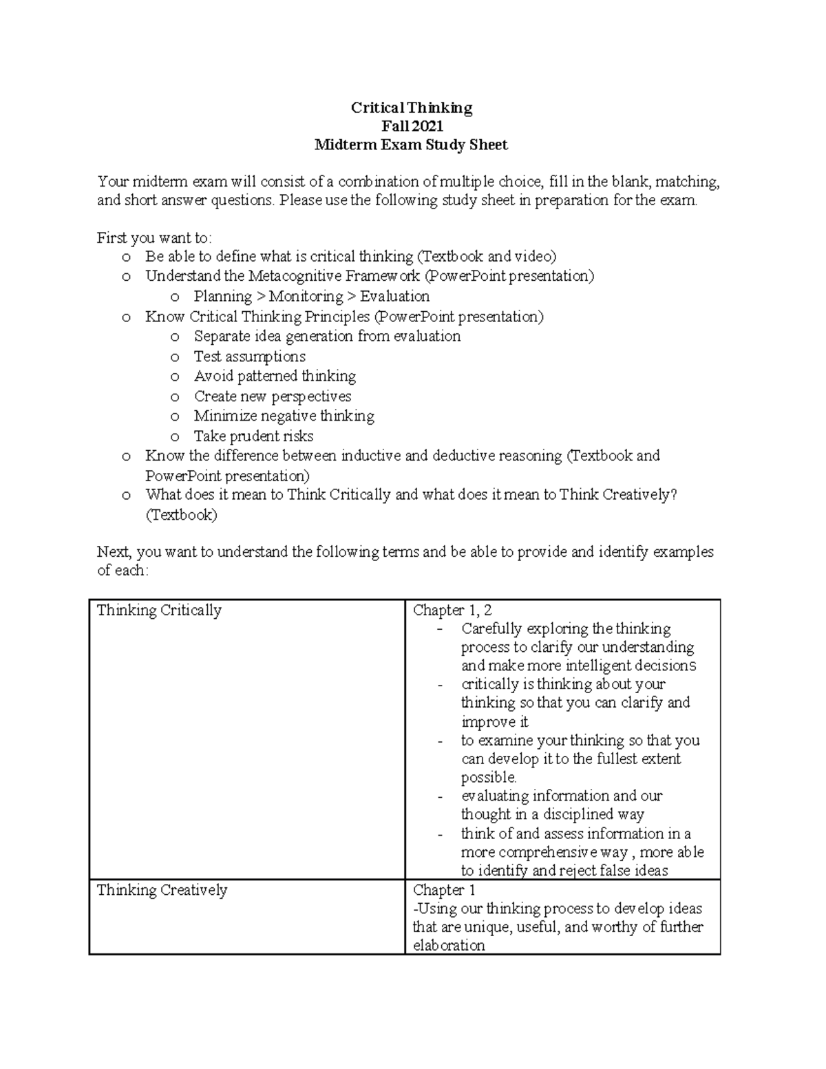 CTL Critical Thinking Midterm Exam Study Sheet - Fall 2021 - Studocu