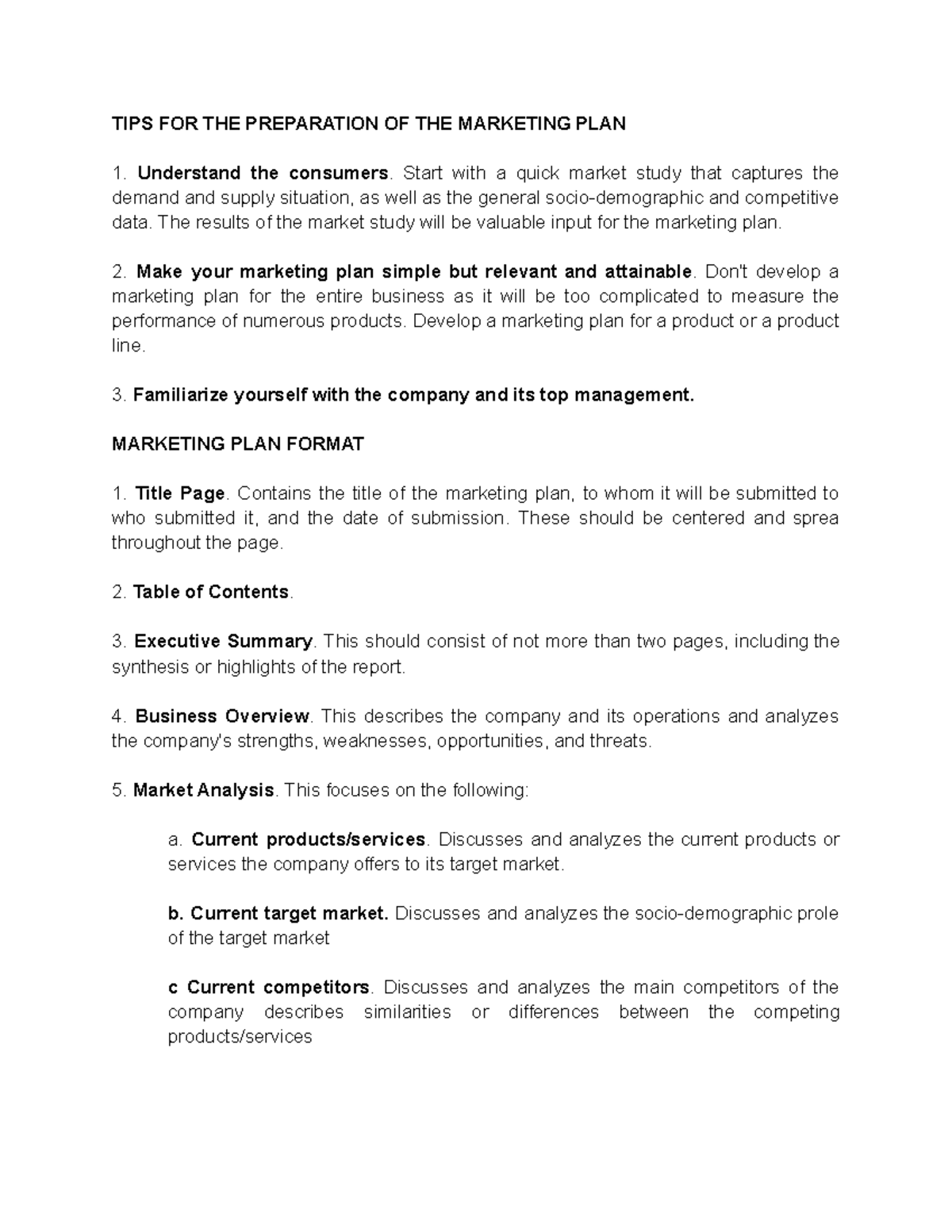 Marketing PLAN Format - TIPS FOR THE PREPARATION OF THE MARKETING PLAN ...