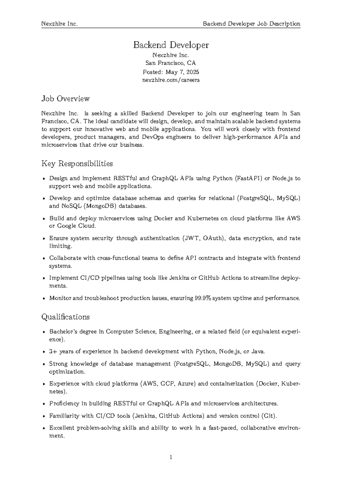 Nexzhire Inc. Backend Developer Job Description - Important Notes - Studocu