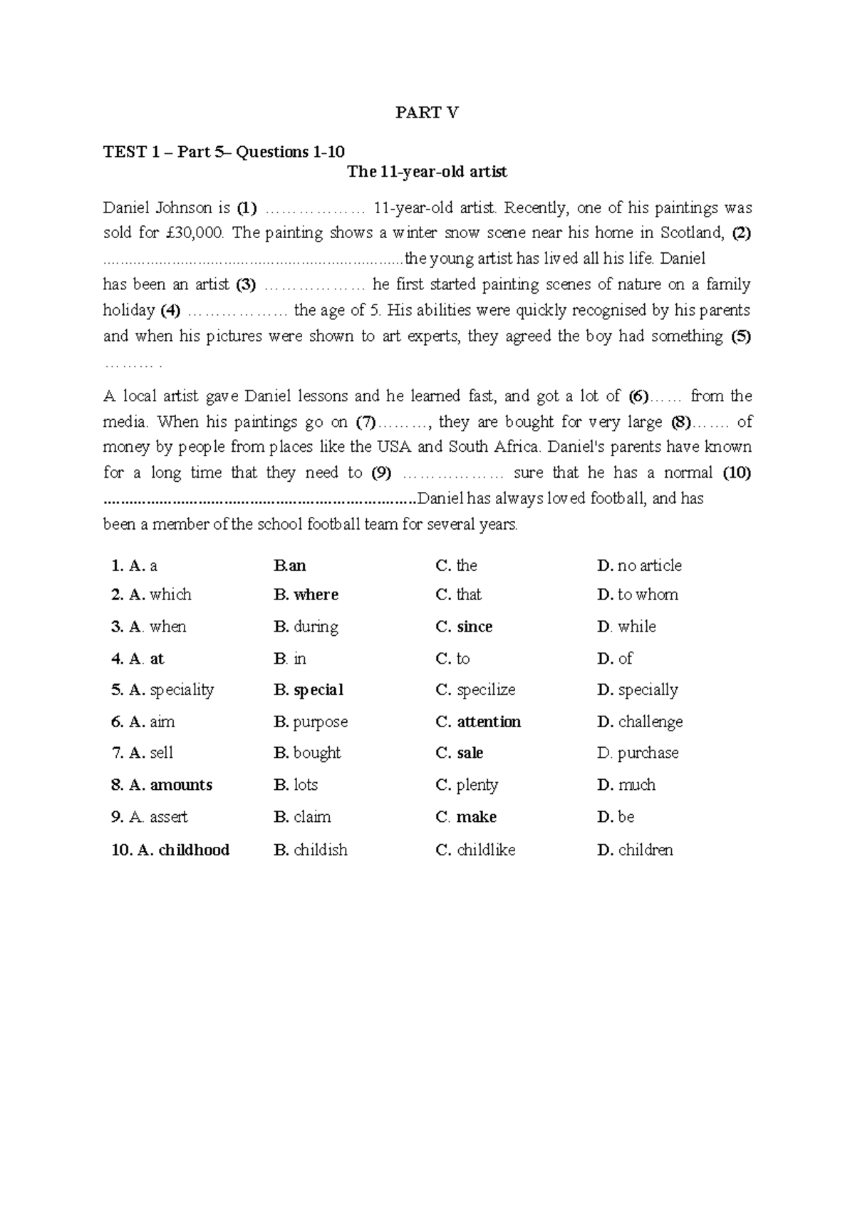 PART V TEST 1-10 Questions Reading Comprehension - Studocu