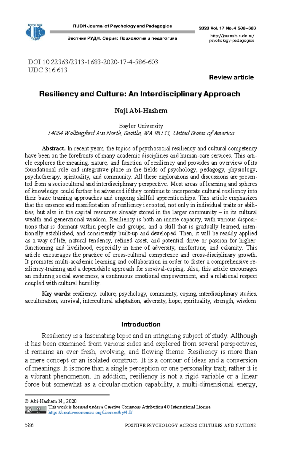 RUDN Journal of Psychology and Pedagogics: Resiliency & Culture 2020 ...