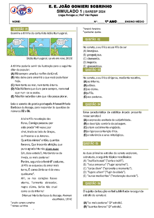 Prova 1º ANO Ensino Médio - Linguagens e Códigos Ciências da Natureza 1