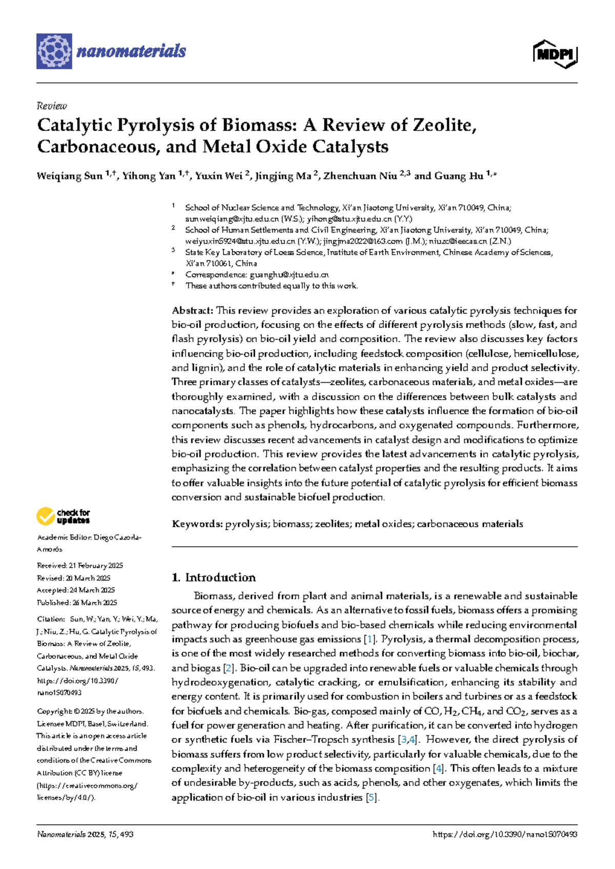 Catalytic Pyrolysis of Biomass: Review of Zeolite, Carbonaceous, and ...