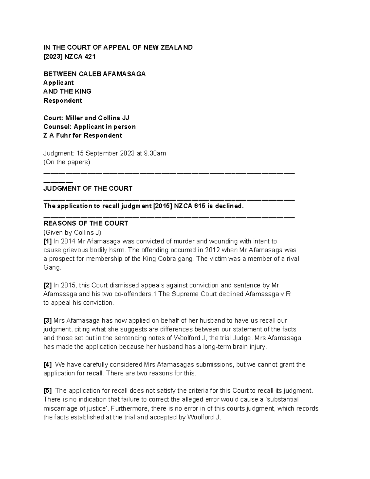 NZCA 421: Judgment on Recall Application in Afamasaga v R - Studocu