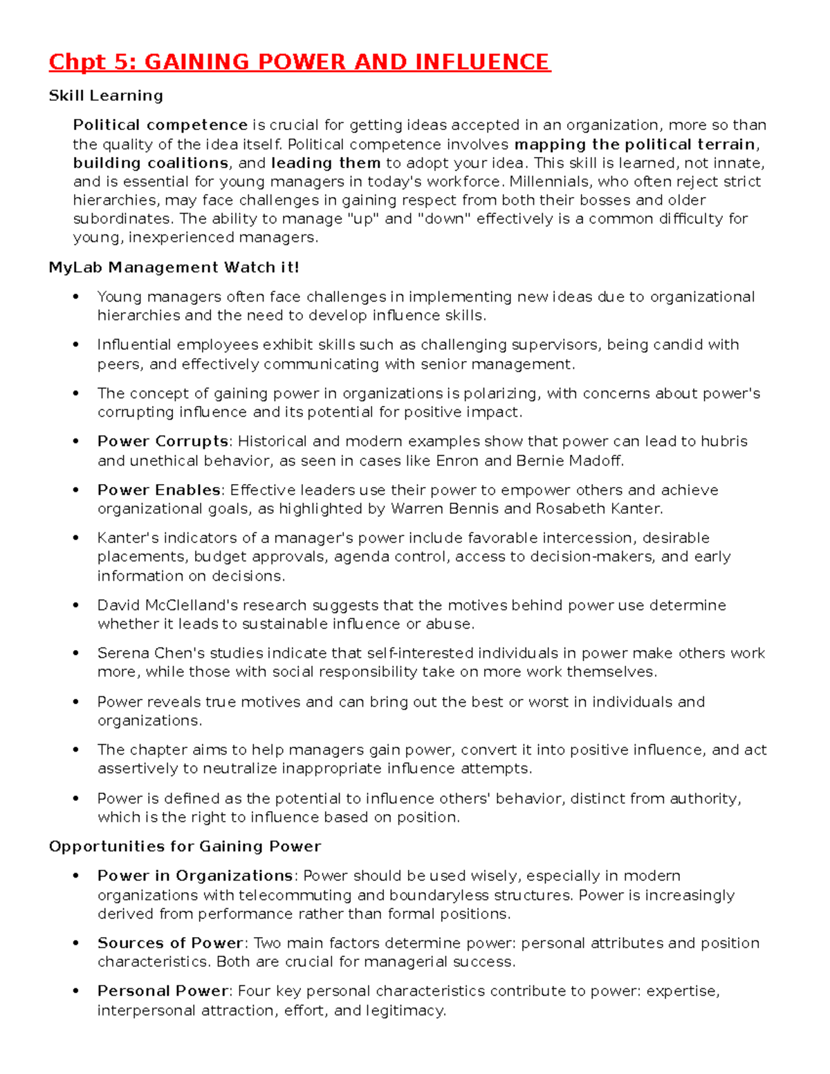 Chapter 5 notes - Chpt 5: GAINING POWER AND INFLUENCE Skill Learning ...