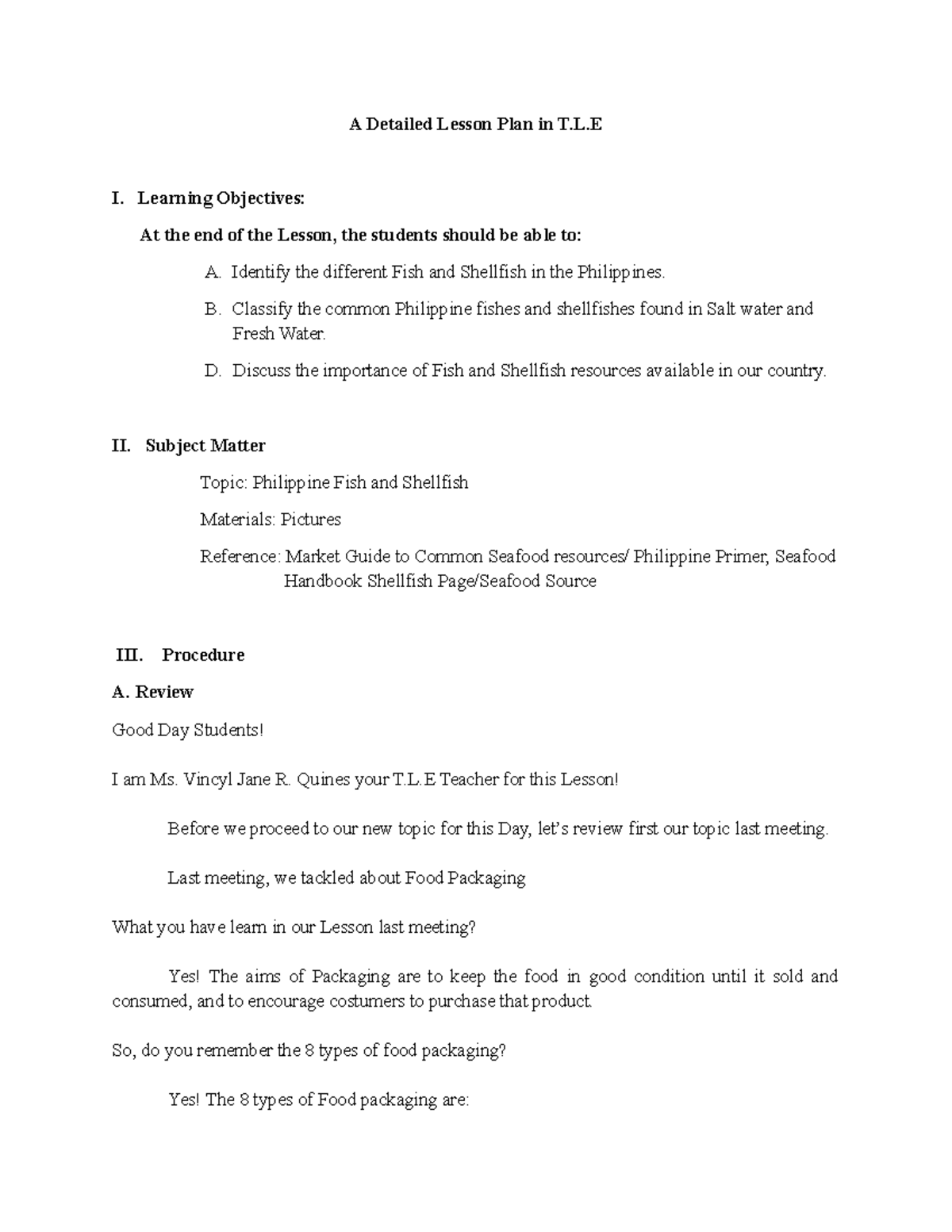 Philippine Fish & Shellfish - Detailed Lesson Plan (T.L.E. DLP-1) - Studocu