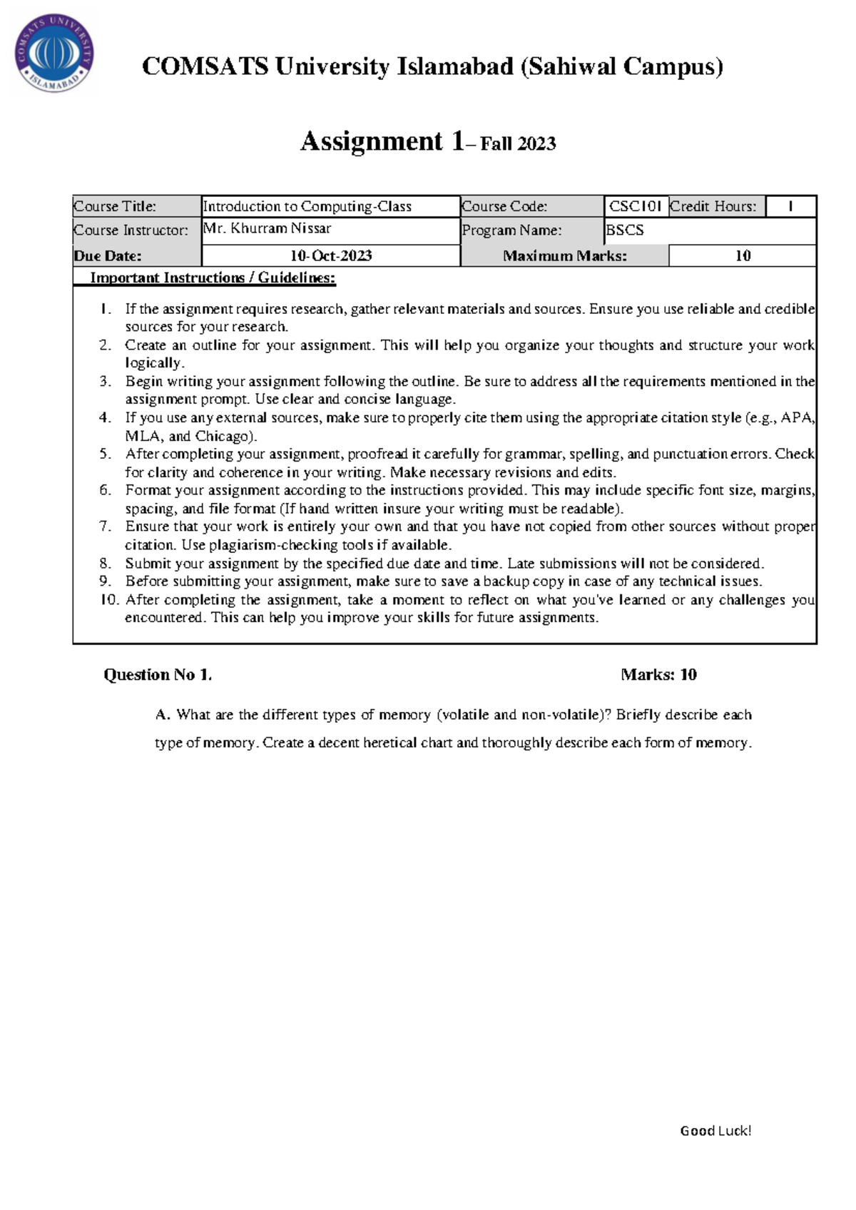 ICT Assignment 1 - Details - COMSATS University Islamabad (Sahiwal ...