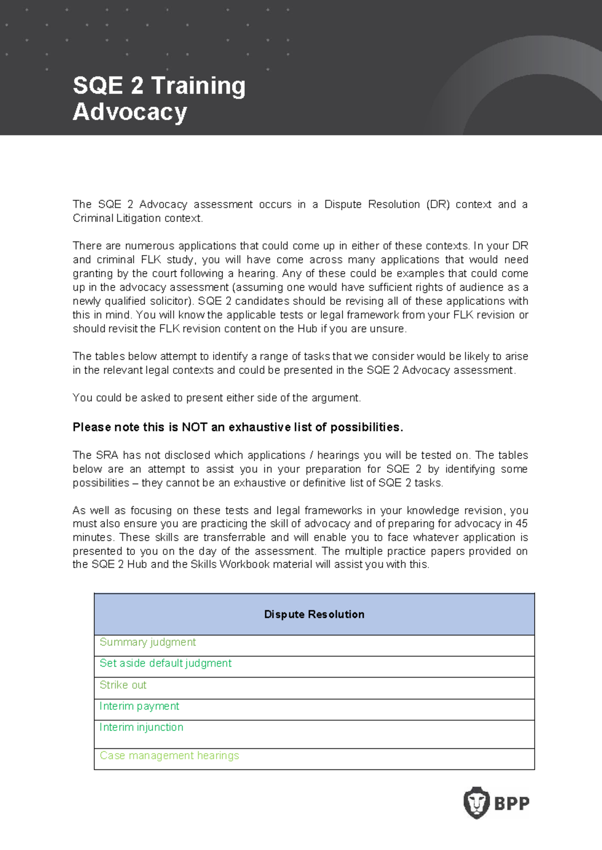 SQE 2 Advocacy possible tasks for dispute resolution and criminal ...