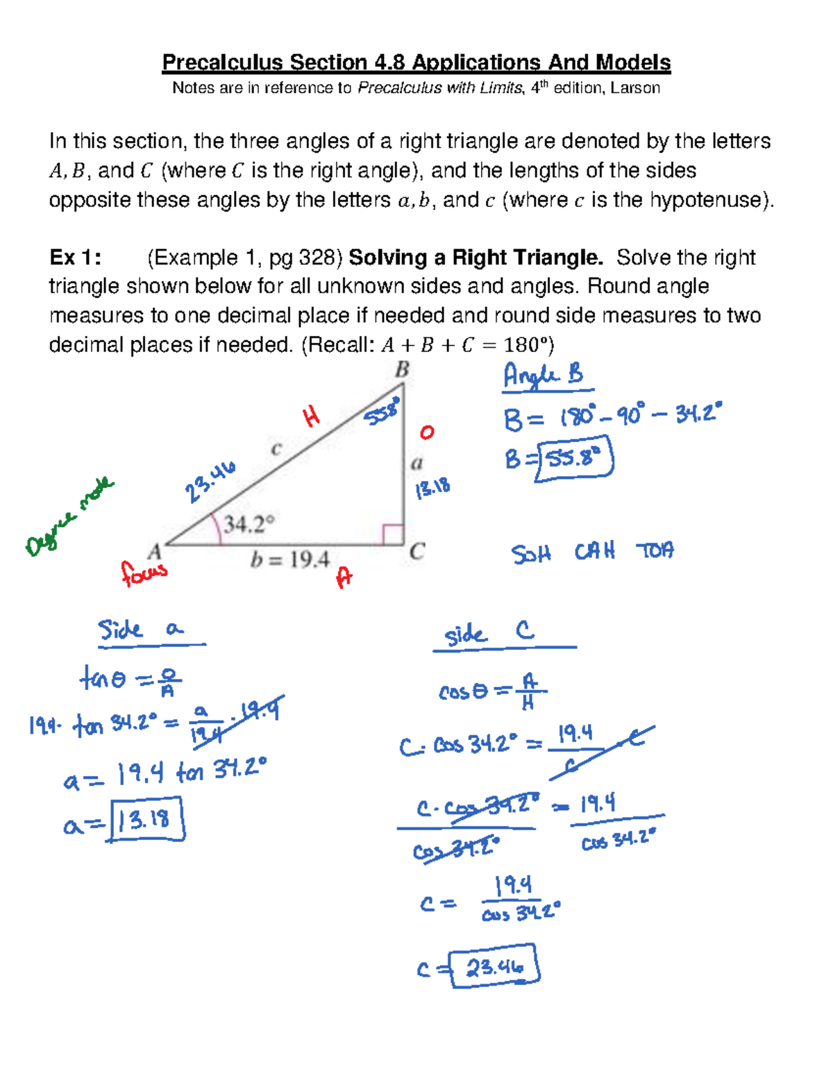 Precalculus (MATH 120) Chapter 4.8: Right Triangle Applications Notes ...