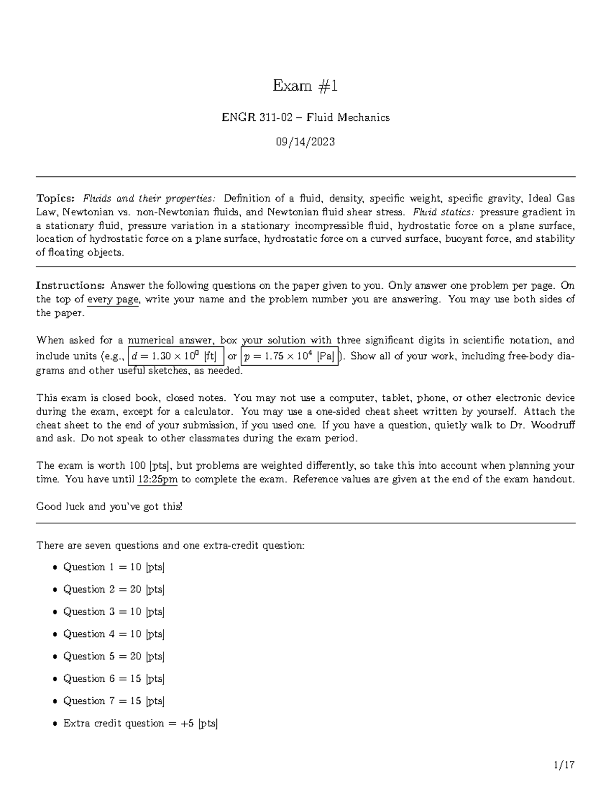 Exam 1 Solution - work - Exam ENGR 311-02 – Fluid Mechanics 09/14 ...