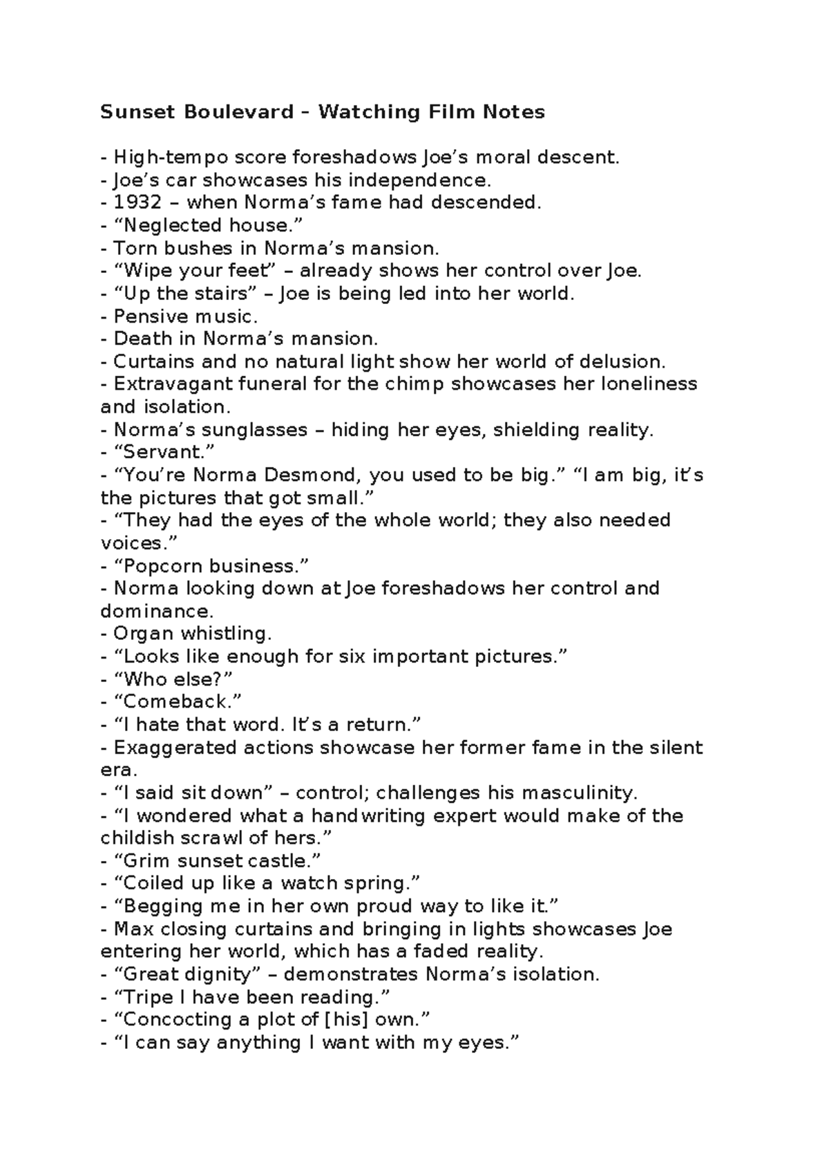 Sunset Boulevard (Film Analysis) - Notes on Themes & Symbolism - Studocu
