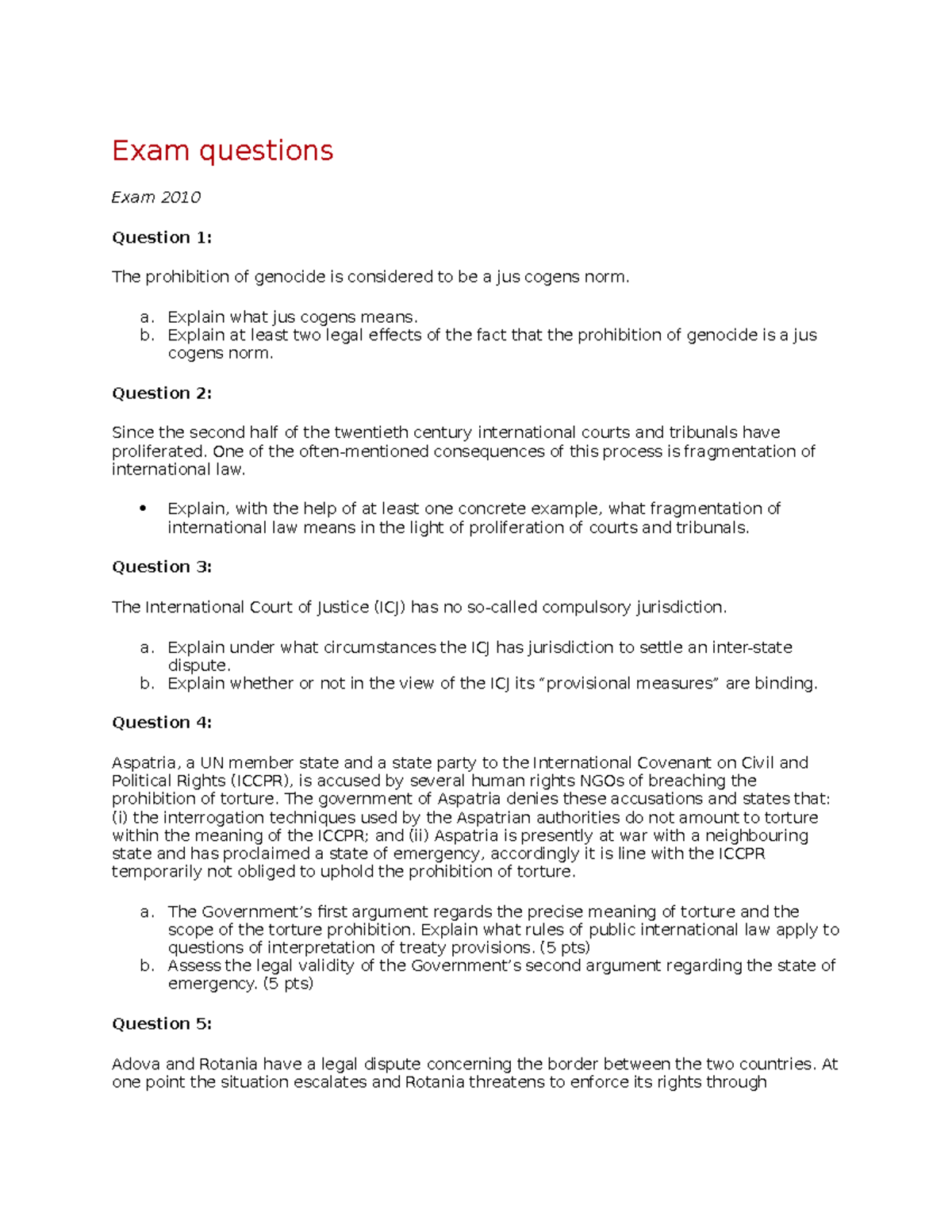 Exam questions Public International LAW - Teacher Education - Studocu