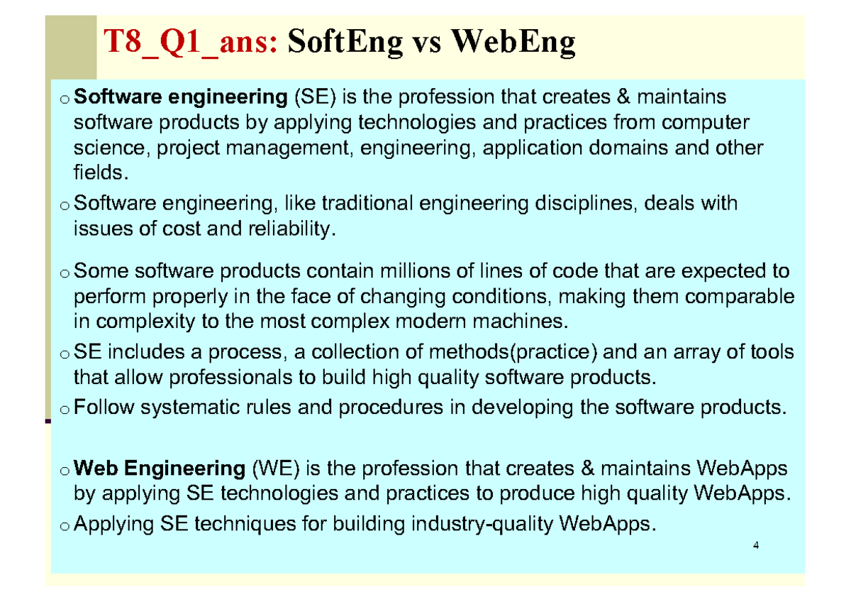 T8 - Tutorial 8: Software Engineering vs Web Engineering Overview - Studocu