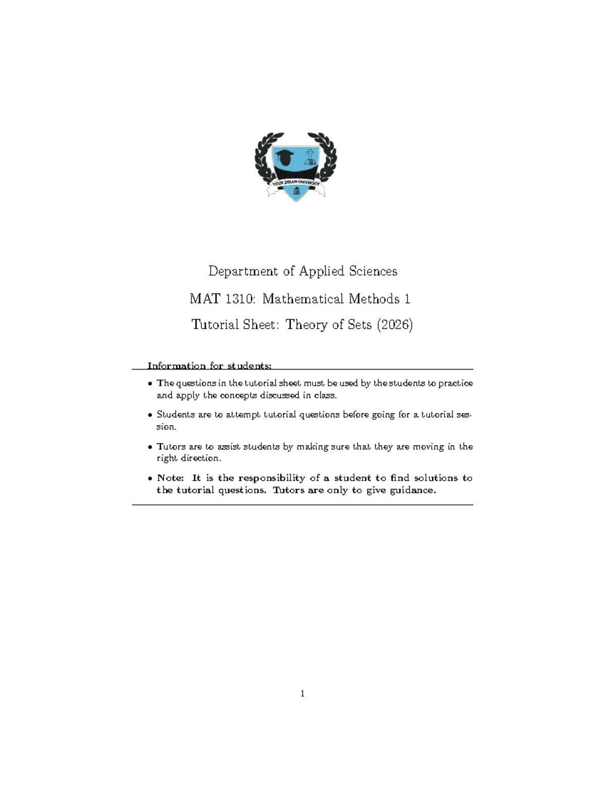 MAT 1310: Set Theory Tutorial Sheet for Mathematical Methods 1 - Studocu
