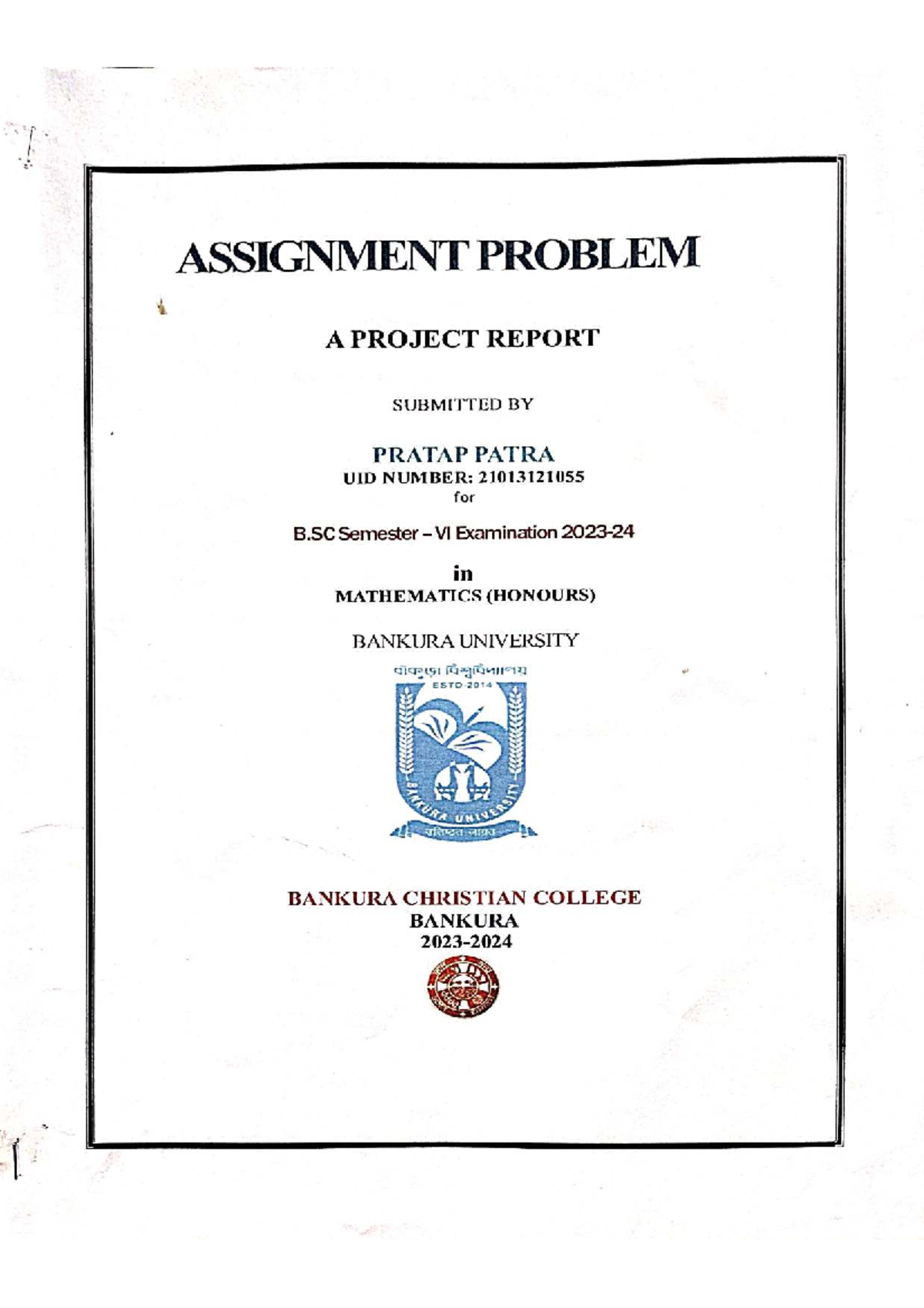 B.Sc Semester VI Project Report on Assignment Problem in Mathematics ...