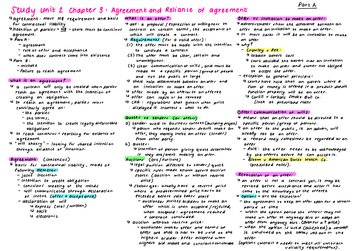 Unit 2 Study Notes: Chapter 3 - Agreement, Offer, and Acceptance - Studocu