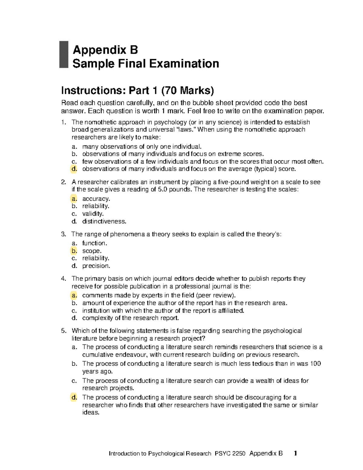 Appendix B Sample Final Exam - Introduction to Psychological Research ...