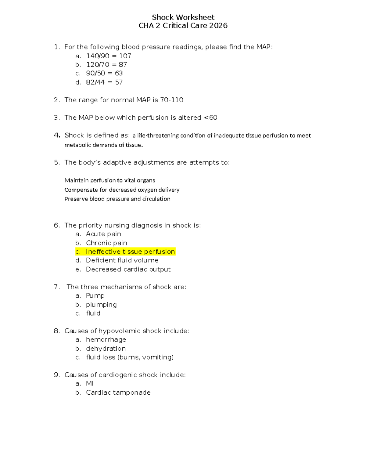 Shock Worksheet CHA 2 Critical Care 2026: Understanding MAP and Nursing ...